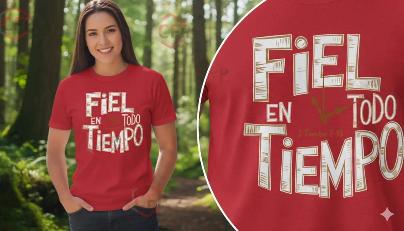 Suéter rojo para mujer con mensaje cristiano Fiel En Todo Tiempo (2 Timoteo 2:13), diseño rústico de reloj, moda cristiana inspiradora. Producto de CFP.